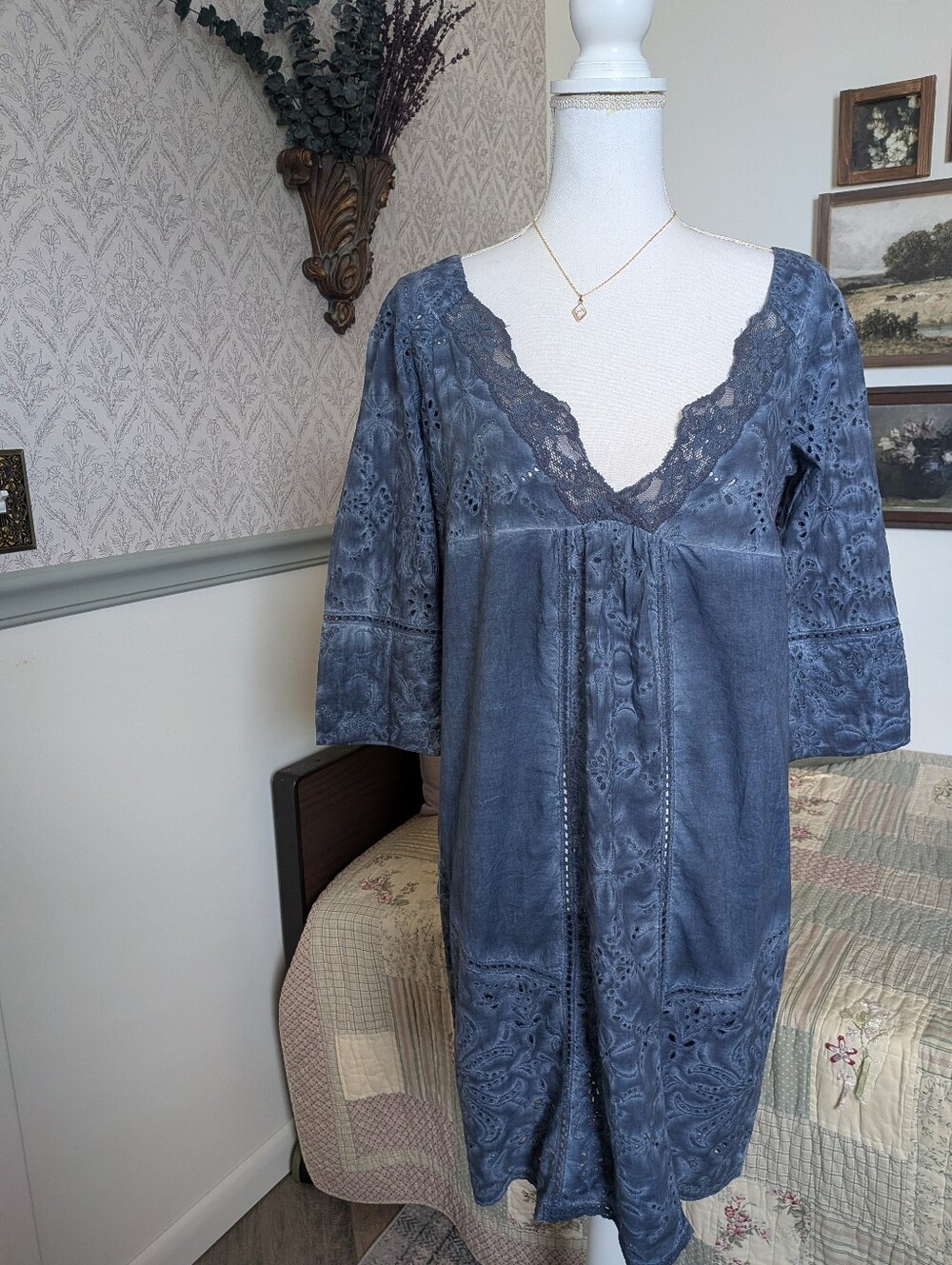 Odd Molly Spending Time Dress Blue 100% Cotton Eyelet Embroidered Boho